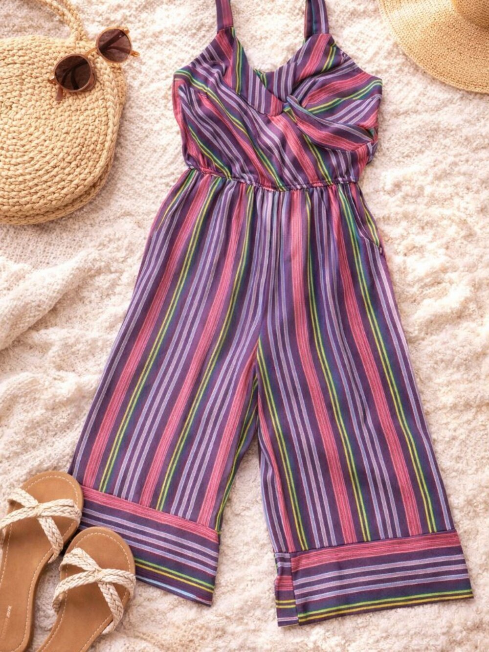Xhilaration Striped Jumpsuit Wide Leg Cropped Boho Summer Size L